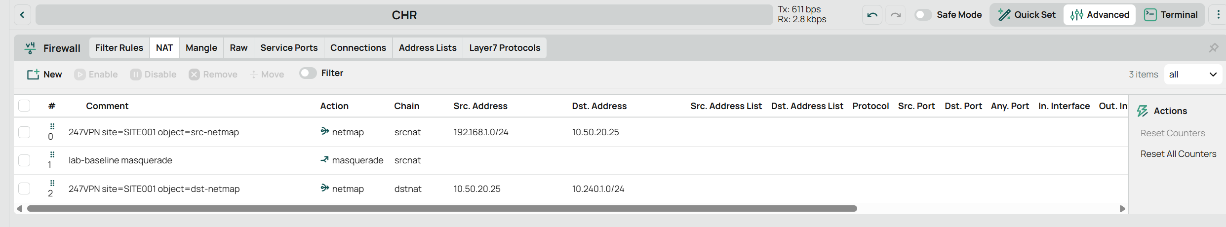 WebFig Firewall NAT tab with the 247VPN netmap rules