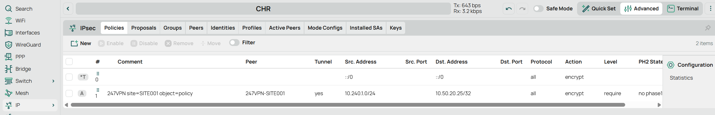 WebFig IPsec Policies tab with the 247VPN policy